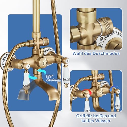 Duschsystem In Antikem Messing – Mit Regendusche, Handbrause & Wannenauslauf, Wandmontage