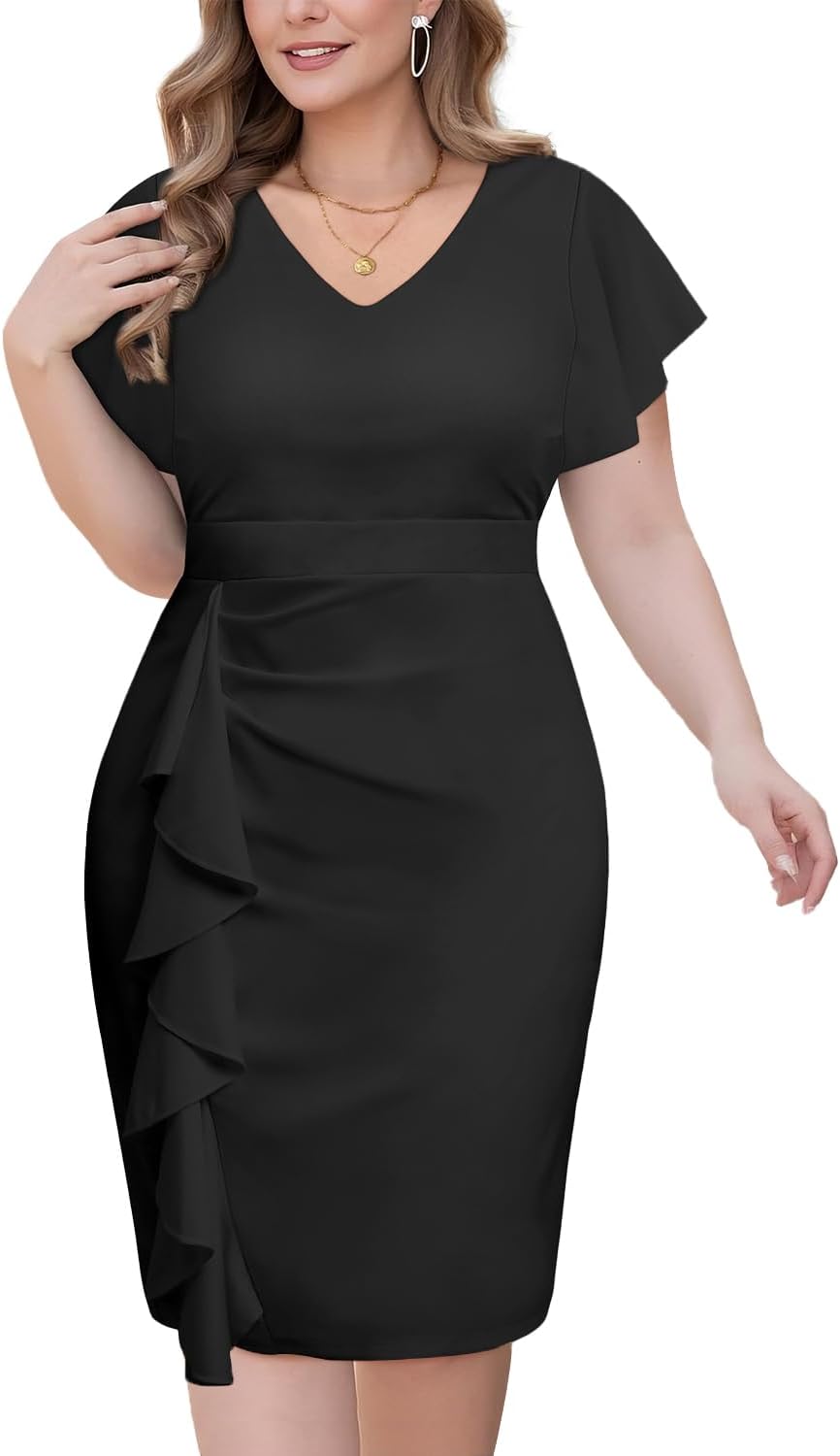 Plus Size Cocktail Dress - Wedding Guest Women Bodycon Vintage Ruffle Church Pencil Dress