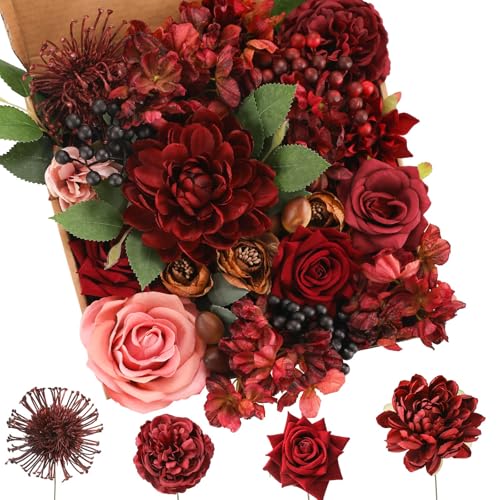 Artificial Flowers Combo Burgundy Flowers Mix Silk Flowers Dahlia Roses with Stems for DIY Wedding Bridal Bouquets, Floral Arrangement, Table Centerpieces, Home Decorations.
