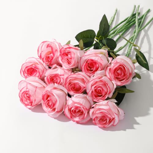 LILUYTO pink and white artificial roses with long stems