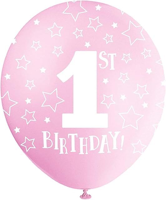 Unique Party 56111 - 12" Pearlised Latex Pink 1st Birthday Balloons, Pack of 5