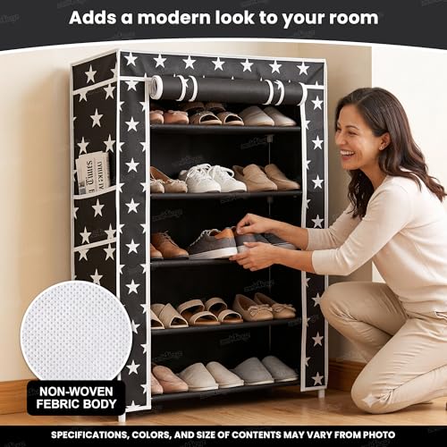Image of Zest 4 Toyz Star Printed Shoe Rack with 5 Shelfs Zip Cover and Side Pocket Multipurpose Racks Shoe Organizer Cum Book Organizer Non Woven Fabric (Black)