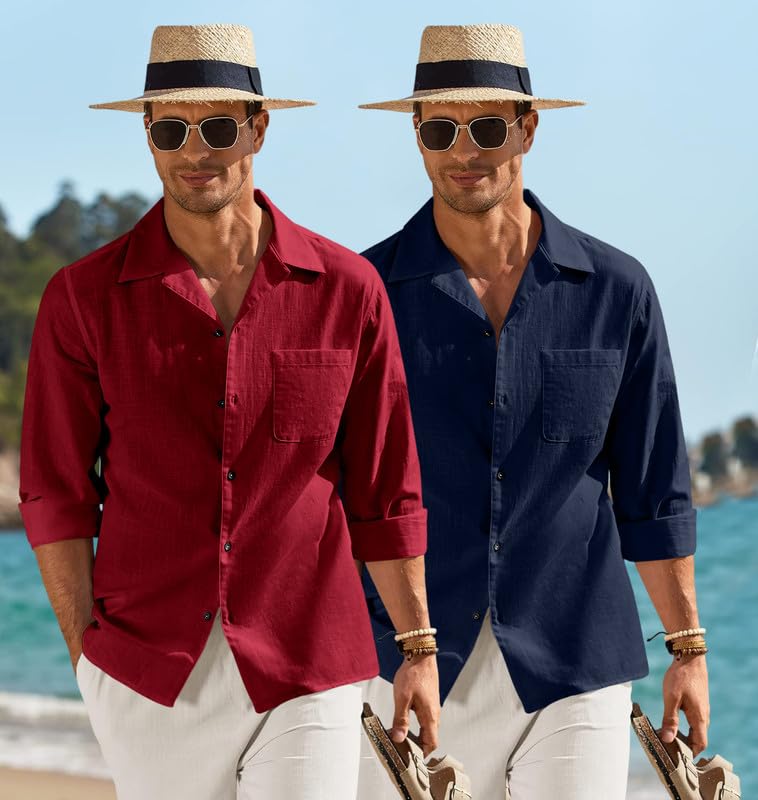 Image of Combo of Men's Casual Cotton Blend Shirt || Long Sleeve Button Down with Spread Collar | Lightweight Breathable Fabric | Stylish Solid Shirt for Beach, Office & Everyday Wear Pack of 2