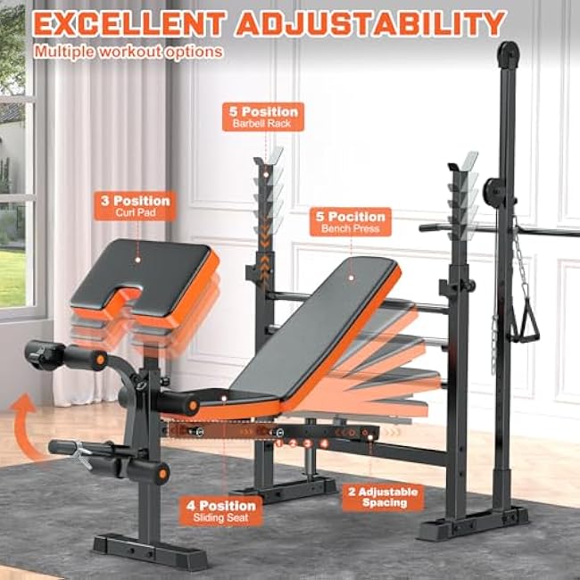 Fostoy 800lbs 8-in-1 Adjustable Weight Bench¨CHome Gym Multi-Function Trainer with Lat Pulldown, Leg Extension/Curl, Barbell Press & Preacher Curl Pad, Adjustable Seat for Full-Body Strength Training