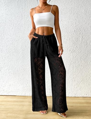 Bsubseach Women Crochet Beach Cover Up Pants Sheer Wide Leg Drawstring Summer Swimsuit Coverup Long Pants with Pockets2