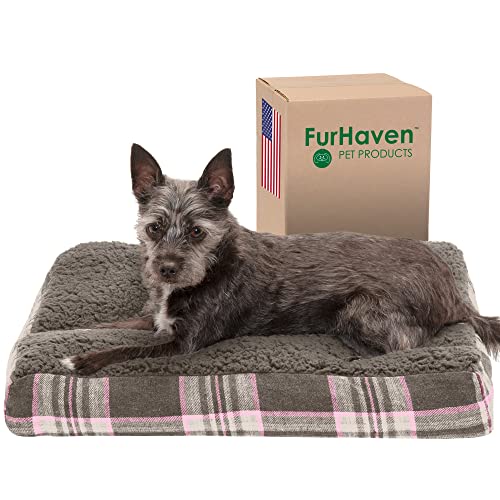 Image of Furhaven Pillow Dog Bed for Small Dogs w / Removable Washable Cover - Sherpa & Plaid Flannel Mattress - Java Brown, Small