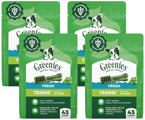 Image of Greenies Dog Treats Veterinarian-Recommended Natural Dental Treats for Dogs, Teenie Size, Fresh Flavor, 12 oz. 43 Count (Pack of 4)