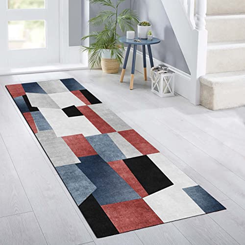 Tapis de couloir extra long bleu 80x500 cm géométrique et lavable - 5