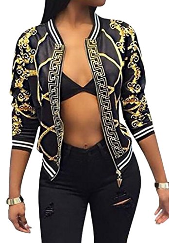 KLJR-Women Vintage Gold Chain Print Short Bomber Jacket Coat Black US S