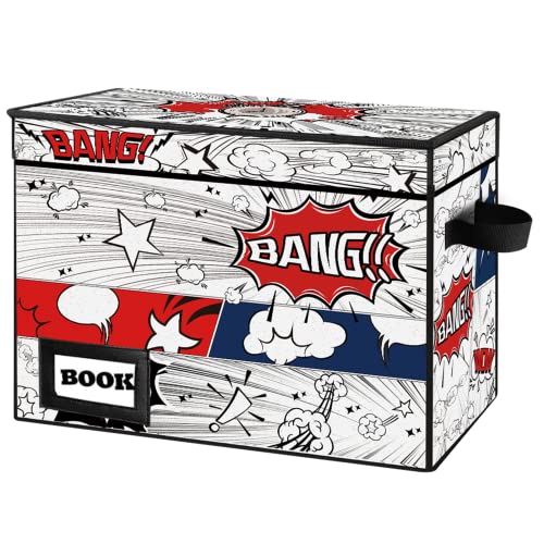 Image of Comic Book Storage Box, 15.8 inch X 7.8 inch X 11.8 inch, Heavy Duty Collapsible Holds 160-180 Comic Book Bin Container Holder Shelf (Cartoon Clock)