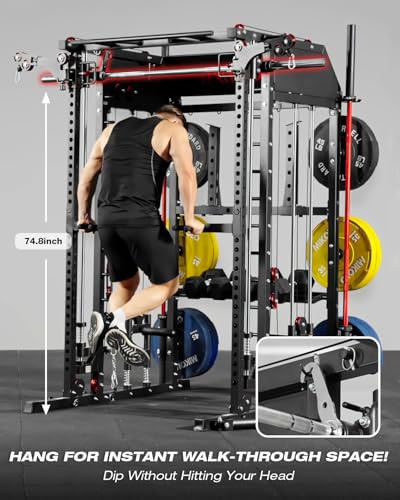 Image of Mikolo Smith Machine, Multi-Function Power Cage with Dual Pulley System, Vertical Leg Press Attachment, Squat Rack Power Rack with More Training Attachment for Home Gym