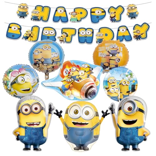 9 Stück Cartoon-Figuren Folienballons Party dekorations set, Enthält Runder Cartoon-Druck, Menschen- und flugzeugförmige Aluminiumfolienballons, Banner, Geburtstags deko für Jungen und Mädchen