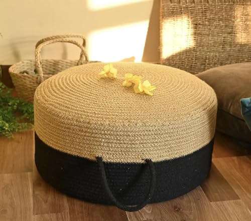 Image of Cotton Dori Ottoman Pouf for Seating|Cotton Dori Pouffe for Footrest Filled with Bean Balls|Ottoman Pouf Stools for Living Roombedroom, 20D x 15W x 20H Centimeters Beige