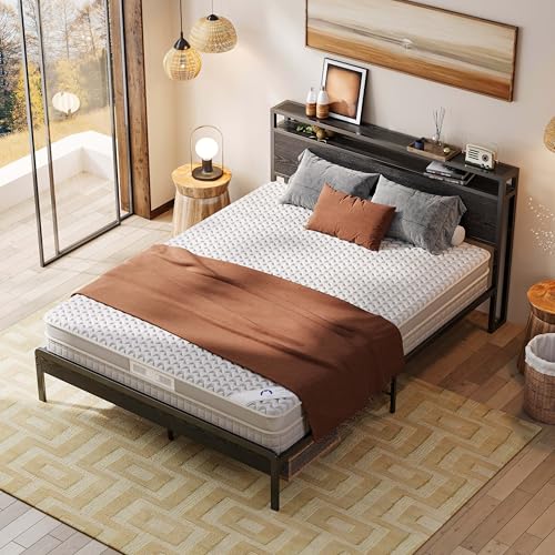 Image of LIKIMIO Queen Bed Frame with Headboard, Dark Wood Camas Queen with Strong Supports, Sturdy, Noise-Free, No Box Spring Needed, Black