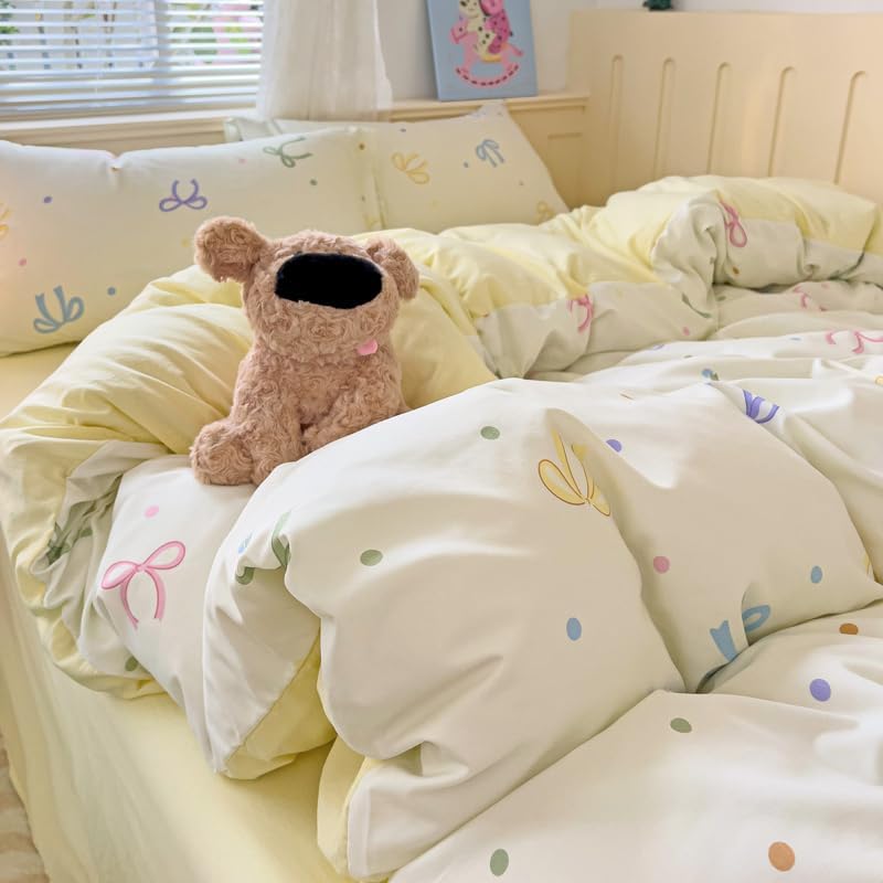 Kimko Washed Cotton Kawaii Bowknot Duvet Cover Set,Girls Cute Washable Cotton Bedding Set,Gentle,Soft,Home Cozy and Breathable 【3Pcs:1 Duvet Cover+2 Pillowcase】 (# 19, Queen-79''X90'')