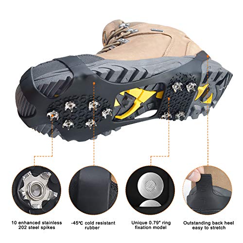 takyu 10 Spikes Crampons, Upgraded Stainless Steel Anti-Slip Microspikes, Ice Cleats for Hiking Shoes and Boots (Size L)