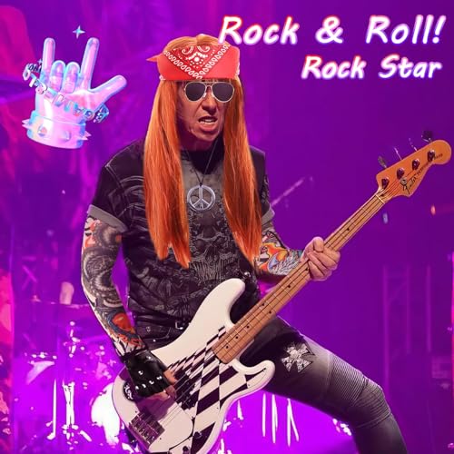 8 Pcs Rockstar Fancy Dress, Glam 80s 90s Men Costume Outfit with Heavy Metal Wigs Vintage Headband Sunglasses Gloves Tattoo Sleeves Necklaces Rock Hard Rocker Accessories World Book Day Costumes - Image 4