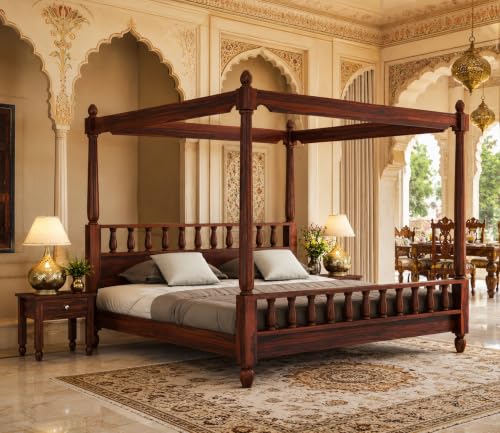 Image of Solid Wood Sheesham Poster Bed Size 84x76x75 in Four Poster Double Bed Furniture for Bedroom Home and Hotel (Queen Size) (Walnut Finish)