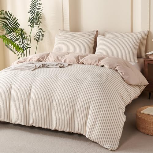 Image of Beige Striped Comforter Set Queen - 3 Pieces Bedding Comforter Set for All Season, Soft Lightweight Washed Microfiber, 1 Striped Comforter and 2 Pillowcases (Beige, Queen Size)
