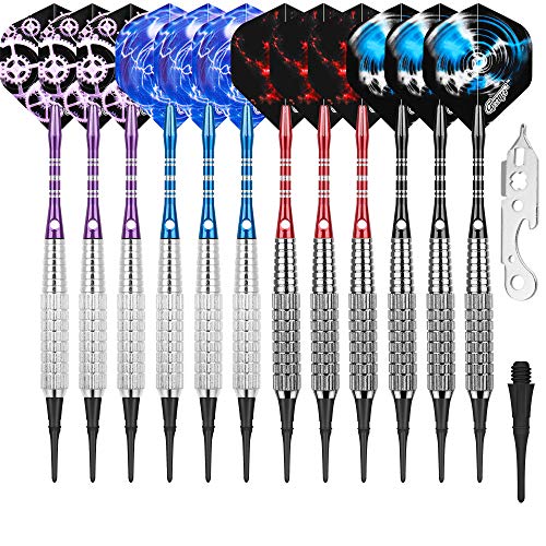 CyeeLife Professional Soft tip Darts Set 16G,Aluminum Shafts+100 Extra Plastic Tips+Dart Tool+Extra Flights(4 Designs),Plastic Darts tip Set for Electronic Dart Board (16g-2C)