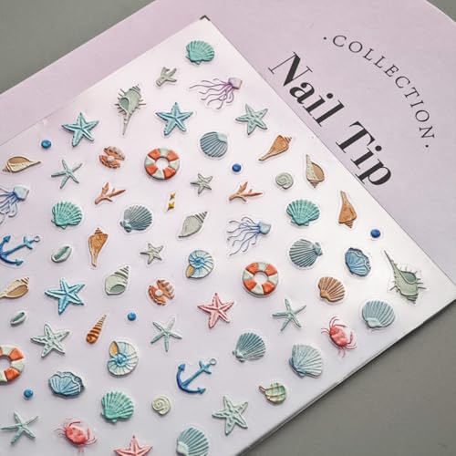 Image of Ocean Nail Stickers Decals Starfish Shell Nail Art Decals Summer Nail Art Stickers 5D Embossed Design for Women Girls Kid Manicure DIY Decoration Supply Accessories