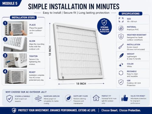 Image of AC Jali - 18x18 Inch Outdoor Unit Grill, Universal Size for 1.5 Ton, Durable Rust-Free PVC Plastic, Weather Resistant, Easy Install | Match Size Before Purchase | Screw Type:- Up (2)
