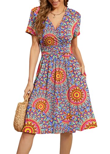 WEACZZY Women's Summer Short Sleeve Casual Dresses V-Neck Floral Party Dress with Pockets