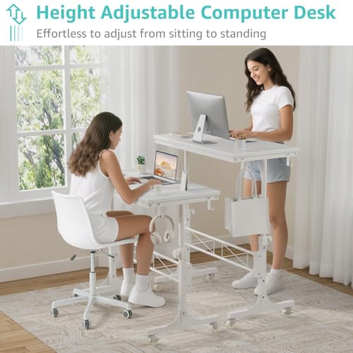 Image of WINAZ Rolling Standing Desk with Wheels, 32 inch Adjustable Height Small Portable Teacher Desk for Classroom, Mobile Treadmill Walking Pad Table for Laptop, Compact White Home Office Workstation