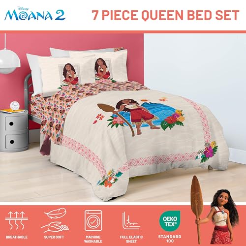Image of Disney Moana Queen Comforter Set 7 Piece Kids Bedding for Girls, Beige | Bed in a Bag, Comforter Sheets Shams Pillowcases, Official Brand, Soft Microfiber, Machine Washable, Girls Gift