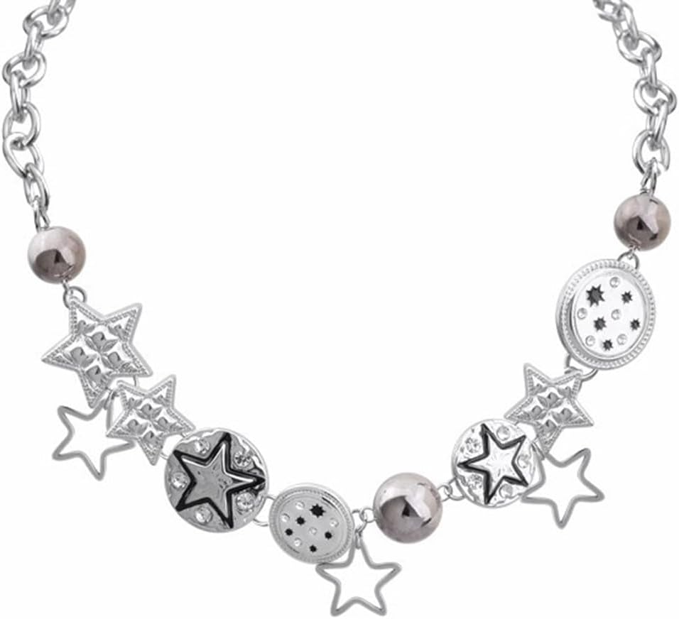 Charm Necklace for Women Silver Chunky Stars Choker Grunge Emo Rock Trendy Outfits for Women