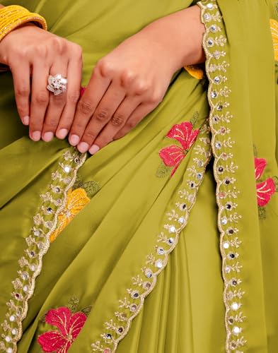 Image of SIRIL Women's Embroidery, Mirror Work, Scalloped Border Shimmer Georgette Saree With Unstitched Blouse Piece