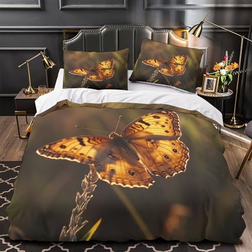 Mariposa a la luz del Sol 3D Impresión Edredón Funda 3pz Microfibra Cremallera Oculta Fotografía de Naturaleza Funda de edredón 2 Fundas Resistente Chicos Niños Single (135x200cm)