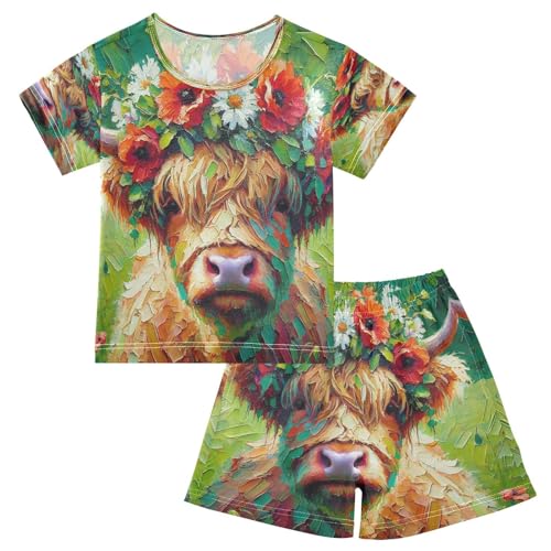 Highland Cow Ink Pajama Set Short Sleeve PJ Set Cotton Summer Pajamas Sleepwear Soft 5Y