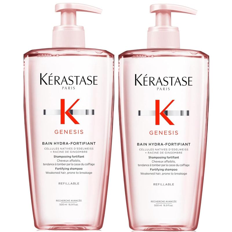 KÉRASTASE Genesis - Bain Hydra-Fortifiant - Shampoing Fortifiant Anti-Chute - Purifie & Renforce - Aminexil - Edelweiss & Racine de Gingembre - Cheveux Fins & Fragiles 500 ml x2 DUO