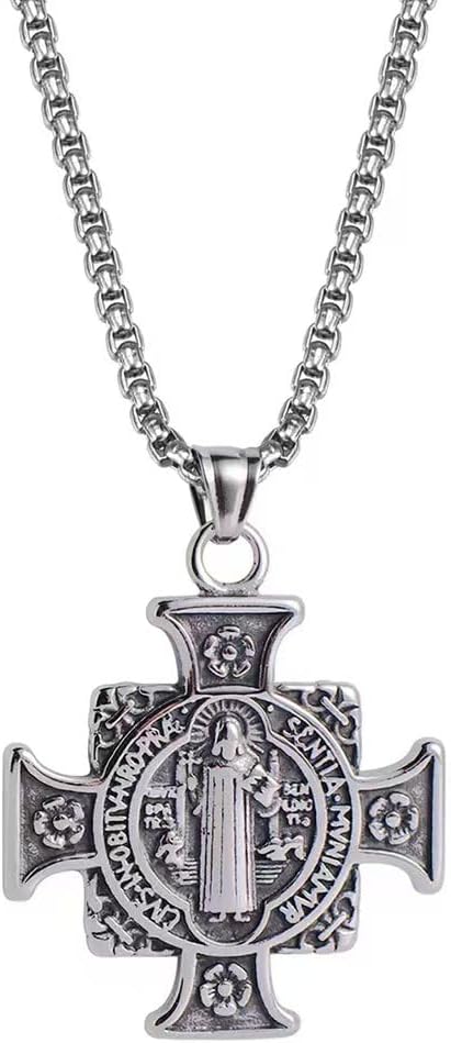Saint Benedict Cross Necklace, Christian Sacramental Medal Pendant, Stainless Steel Ward off Evil Protection Jewelry