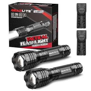 GEARLITE LED Taschenlampe Extrem Hell 2 Stück, Aluminium 4000 Lumen LED Taschenlampe Batteriebetrieben, IP65 Wasserdichte Handlampe Zoombar für Camping, Wandern, Outdoor, Notfall (5 Modi+Holster)