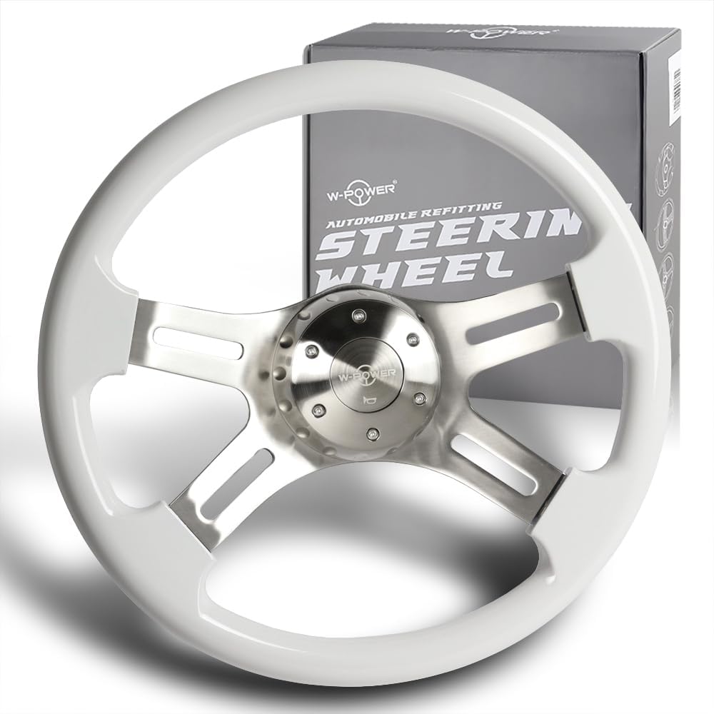 W-Power, 16" Universal 406mm 5 Bolt Hole 2 Inches Deep with Aluminum Polished Vintage Style Wood Grip Steering Wheel, Silver Horn Button (White Wood Grip/Silver Spoke)