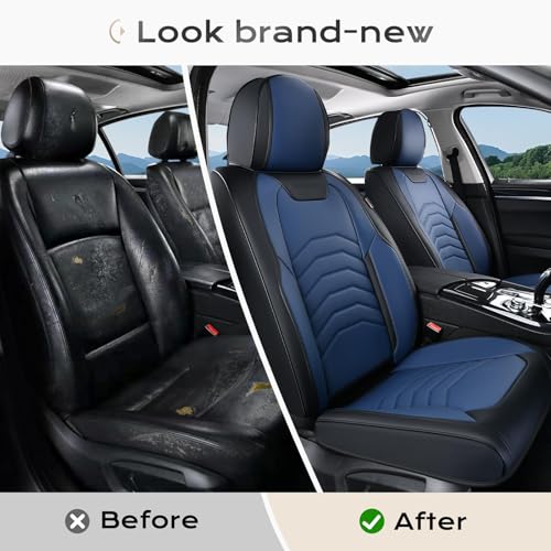 Image of Coverado Leather Seat Covers, Car Seat Covers Front Seats, Waterproof Seat Covers for Cars, Faux Leather Automotive Seat Covers Universal Seat Covers Protector Fit for Most Cars Trucks SUV, Black&Blue