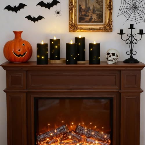 Image of Lezonic Black Flameless Waterproof Outdoor Candles with Remote, 4Pcs Battery Operated Candles LED Flickering Dancing Flame, Built-in String Lights for Halloween Patio Room Decor, 3.25 inch x 6 inch