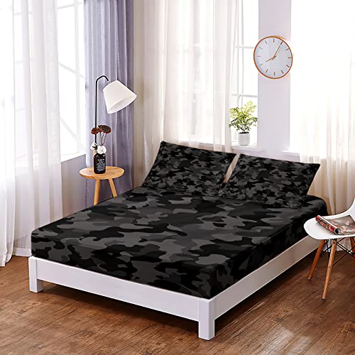 Bsntho Camouflage Sheet Set Queen Size,Grey Black Fitted Sheet For Kids & Child,Children Bedding Set,Bed Sheet With 16" Deep Pocket,Printed Bedding Sheets,100% Microfiber,Soft And Breathable #TOP1