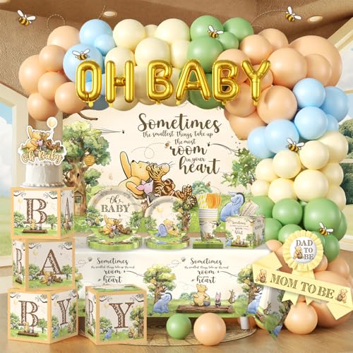 336pcs Classic Bear Baby Shower Decorations Neutral All-in-one Complete Party Set with 25pcs Plates 2 Tablecloths Backdrop Cake Cupcake Topper for Bear Party Decor 25 Guests