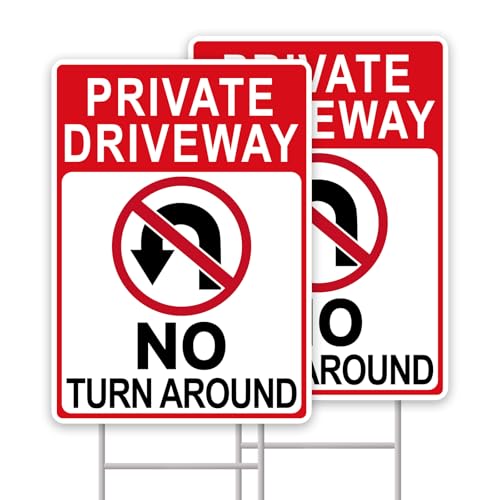 GXGGUS No Turn Around Driveway Sign 2 Pack Private Driveway Signs 14x10 Double-Sided Signs Corrugated Plastic H-Stake Metal Stakes and 8pcs Double Sided Tape