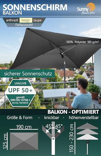4smile Sonnenschirm Balkon SunnyShade 3-in-1 SET in Anthrazit - UPF 50+ Sonnenschirm rechteckig 200 x 125 cm + Sonnenschirmhalter Balkongeländer + Sonnenschirmhülle 4
