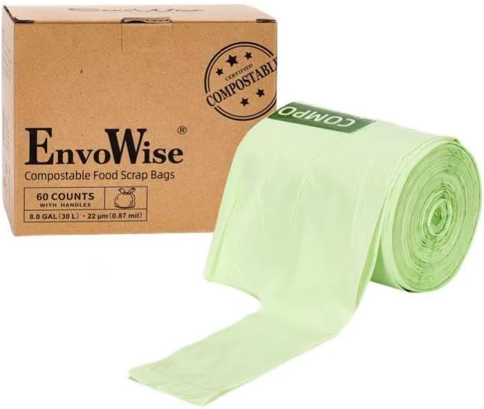 Compostable Bags with Handles, 8 Gallon, 60 Count, Food Scrap Bags Certified by BPI and OK compost INDUSTRIAL, Thickened 30L Compostable Trash Bag