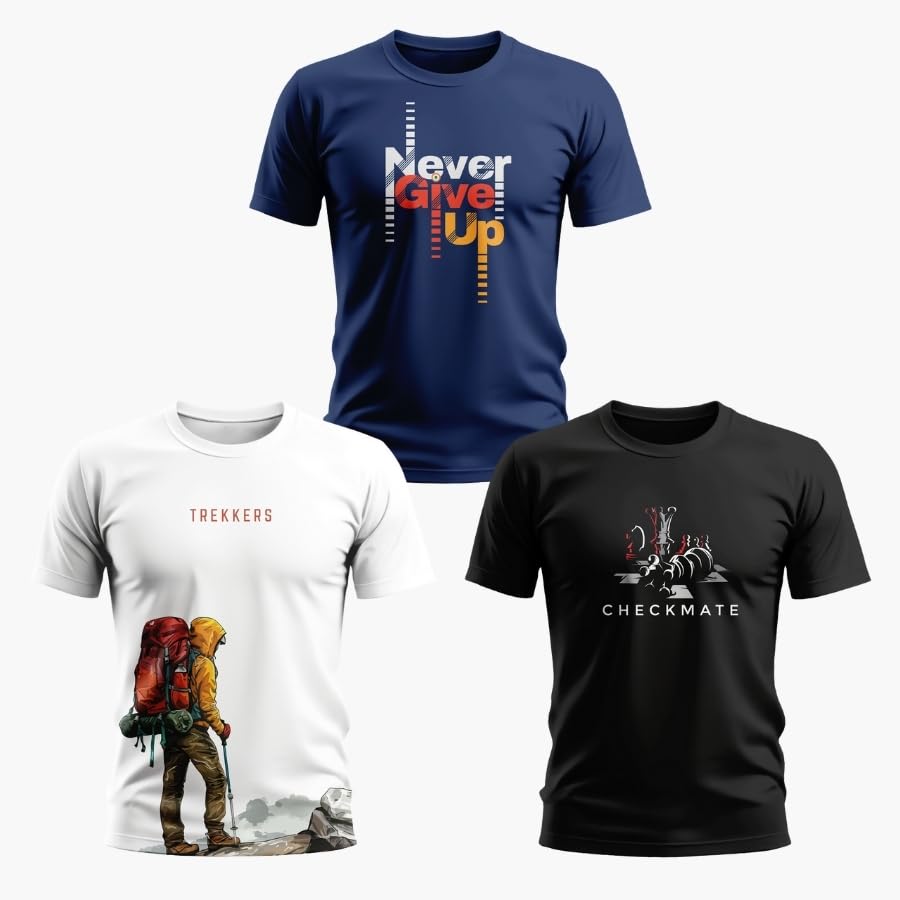 warriorworld Men’s Pure Cotton T-Shirts Combo | Graphic Typography Printed Tees | Never Give Up, Checkmate & Fearless Design | Pack of 3-picture-14