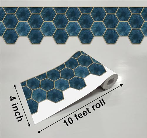 Image of WallDesign Vinyl Teal Blue Hexagon Tile Sticker - 4 In X 10 Feet Self-Adhesive Durable Border Roll For Bathroom, Kitchen, Counter, Wall, Home Decoration