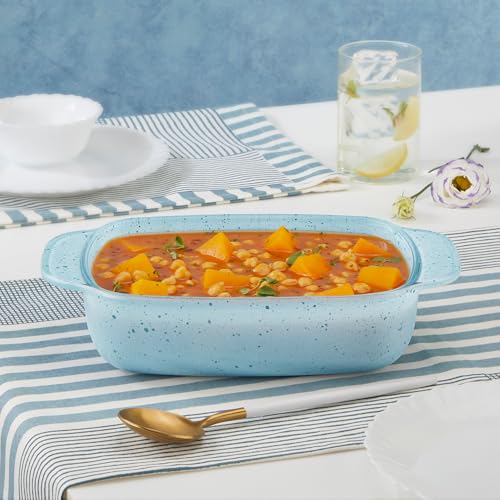 Image of Borosil 1.5 L Baking & Serving Dish | Borosilicate Glass Rectangle Shape Bakeware and Serveware Casserole Dish Tray | Microwave, Oven & Dishwasher Safe Bowl (Blue)