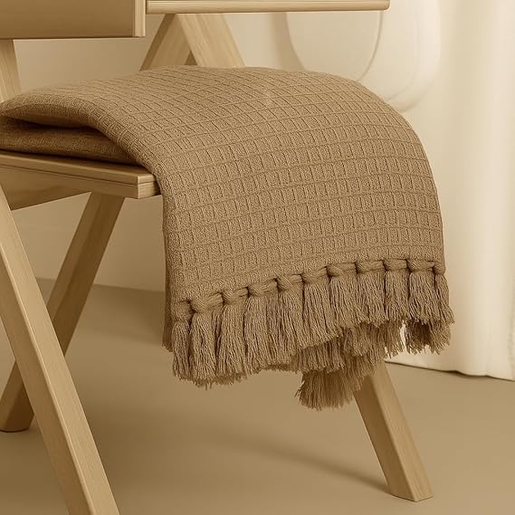 Blenzza Deco™ Soft Cotton Tufted Sofa Throw Blanket with Side Lace Waffle Knit & Chevron Pattern with Fringes for Living & Bedroom (55X65Inch & 139.7X165.1CM) (Light Brown)