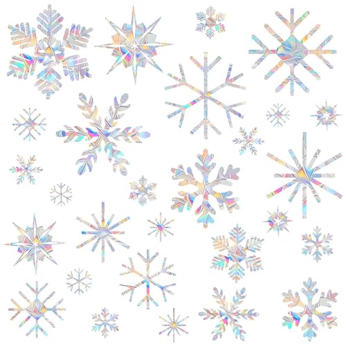 Image of 36PCS Snowflake Window Stickers Anti Collision Decals to Save Birds - Non Adhesive Prismatic Vinyl Rainbow Stickers