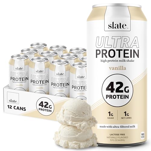 Slate Milk - Ultra Protein Shake - Vanilla - 42g Protein, 1g Sugar, 180 Calories, 1g Net Carbs - Lactose Free, No Added Sugar - Made with Ultra Filtered Milk - Breakfast Boost, Post Workout - 15 fl oz, 12 Cans